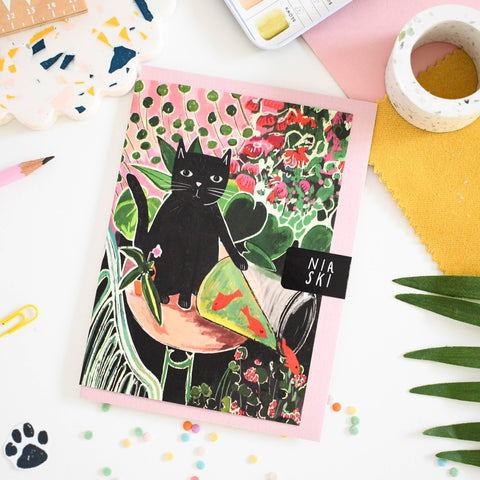 Catisse and the Goldfish Cat Greetings Card - Sprouts of Bristol