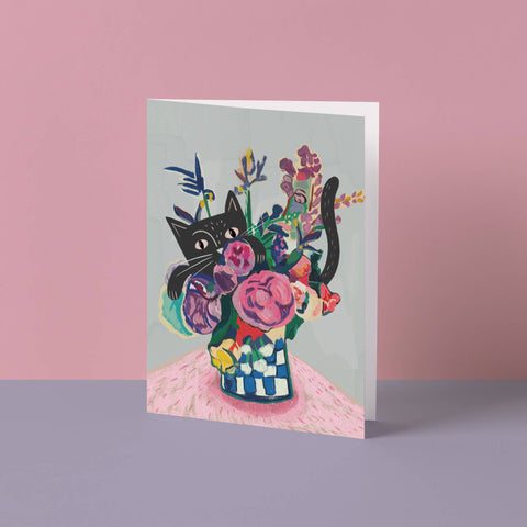 Catisse - Flowers and Cat Greetings Card - Sprouts of Bristol