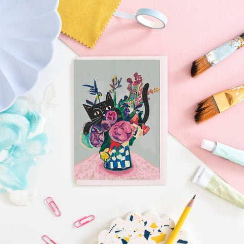 Catisse - Flowers and Cat Greetings Card - Sprouts of Bristol