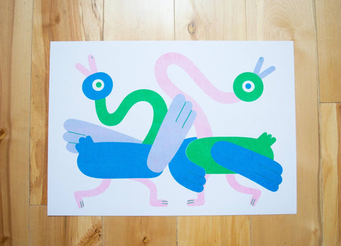 Dancing Ducks A3 Risograph Print - Sprouts of Bristol