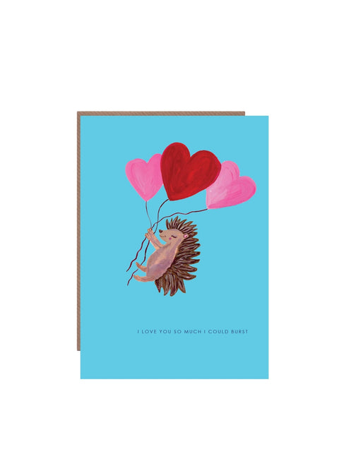 'Hedgehog with Heart Balloons' Greetings Card - Sprouts of Bristol