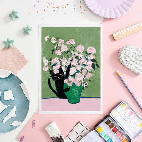 Niaski Vincat and Roses Cat Art Print – Inspired by Vincent van Gogh - Sprouts of Bristol