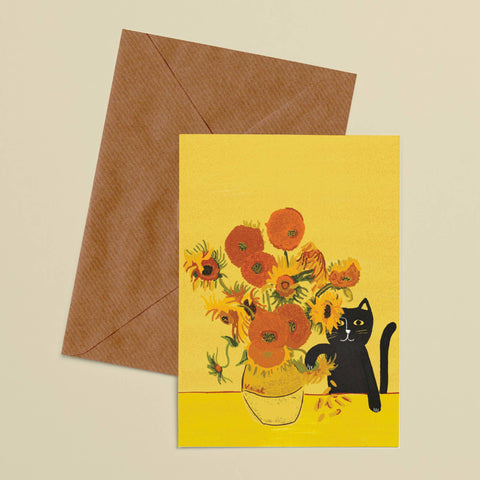 Vincents Sunflower Vase Cat Greetings Card - Sprouts of Bristol