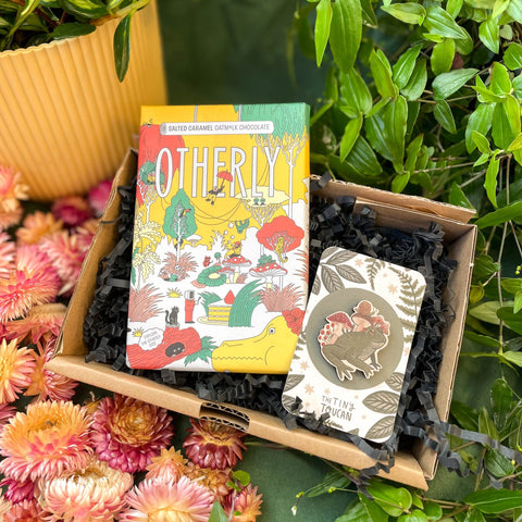 Chocolate and Illustrated Pin Gift Set | Vegan | UK Brands | Supporting Indies - Sprouts of Bristol