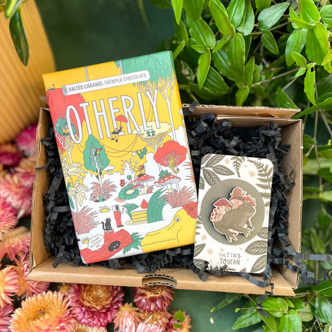 Chocolate and Illustrated Pin Gift Set | Vegan | UK Brands | Supporting Indies - Sprouts of Bristol