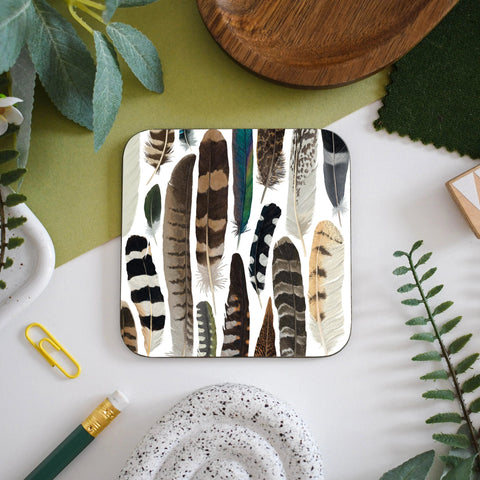 British Bird Feathers Illustrated Coaster – Featuring Magpie, Barn Owl & Buzzard - Sprouts of Bristol