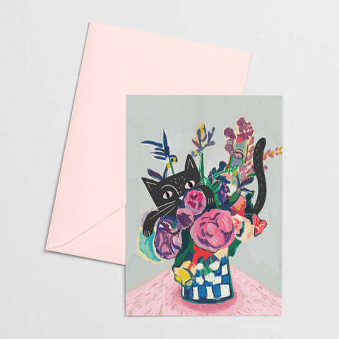 Catisse - Flowers and Cat Greetings Card - Sprouts of Bristol