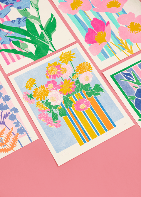 Dahlias in a Tin Risograph Print - Sprouts of Bristol