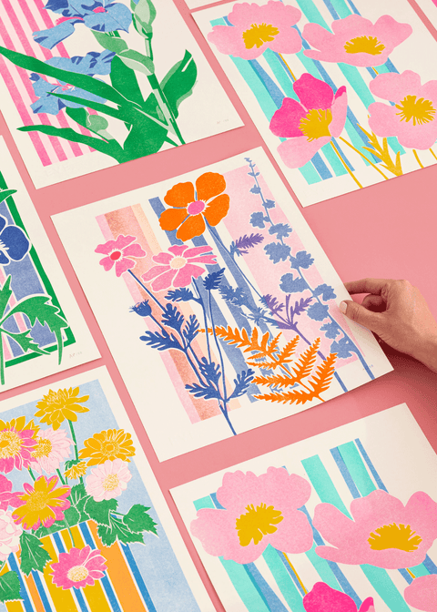 Electric Flower Stripe Risograph Print - Sprouts of Bristol