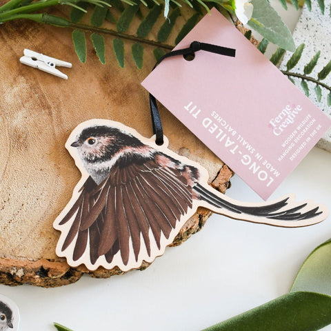 Long - tailed Tit Wooden Hanging Decoration – FSC Birch Plywood - Sprouts of Bristol