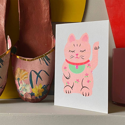 Lucky Cat Riso Papercut Greetings Card - Sprouts of Bristol
