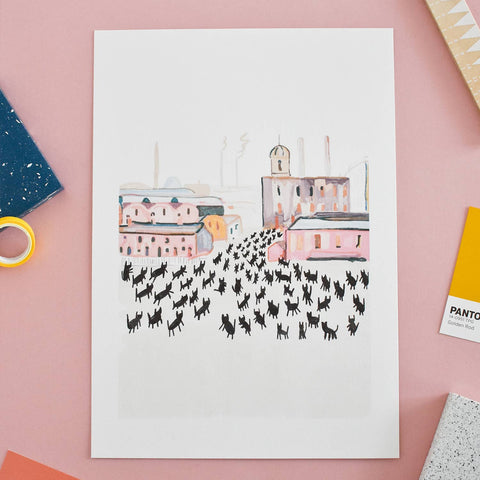 Niaski Meowry Cats at Work Art Print – Inspired by L. S. Lowry - Sprouts of Bristol