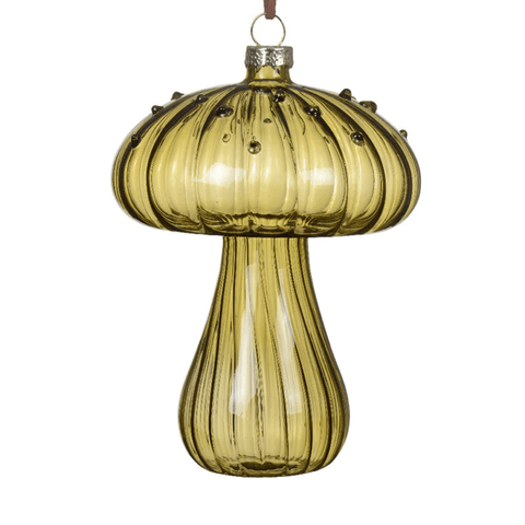 Olive Green Glass Mushroom Hanging Decoration – Textured Bauble Ornament - Sprouts of Bristol