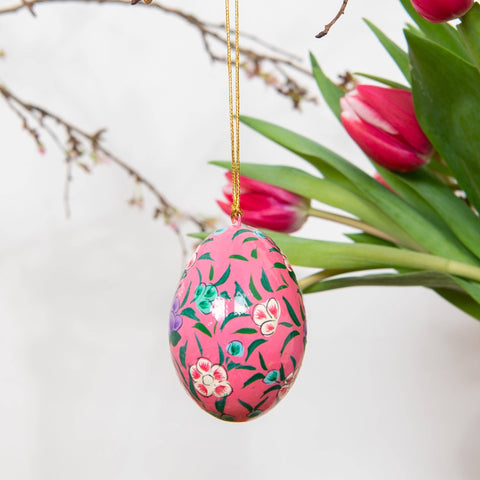 Pink Floral Wooden Egg Decoration [Hand Painted] - Sprouts of Bristol