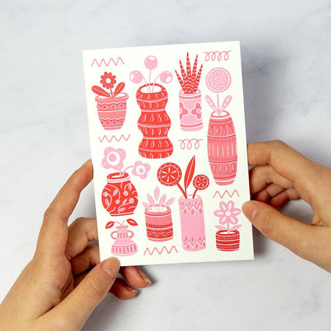 Red Pots & Plants Greetings Card - Sprouts of Bristol