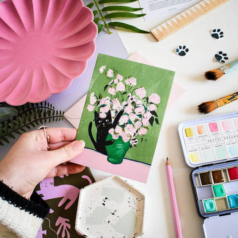 Vincat and Roses Cat Greetings Card - Sprouts of Bristol