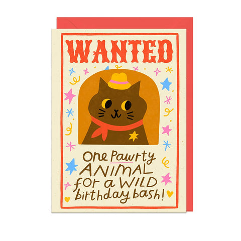 WANTED PAWTY ANIMAL RED ENVELOPE Birthday Greetings Card - Sprouts of Bristol