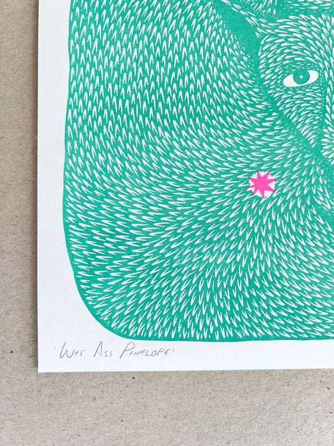 Wet Ass Penelope – Riso Cat Art Print - Sprouts of Bristol