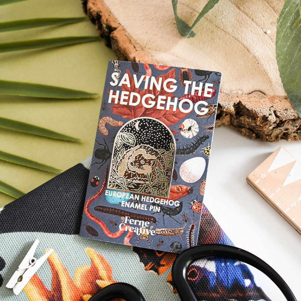 Hedgehog enamel pin with illustrated backing card - Sprouts of Bristol