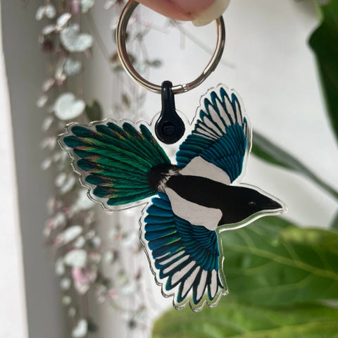 Illustrated magpie keychain made with 100% recycled plastic - Sprouts of Bristol