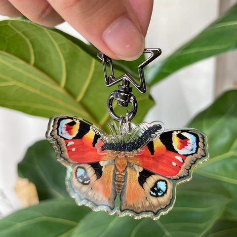 Peacock butterfly and caterpillar recycled keychain - Sprouts of Bristol