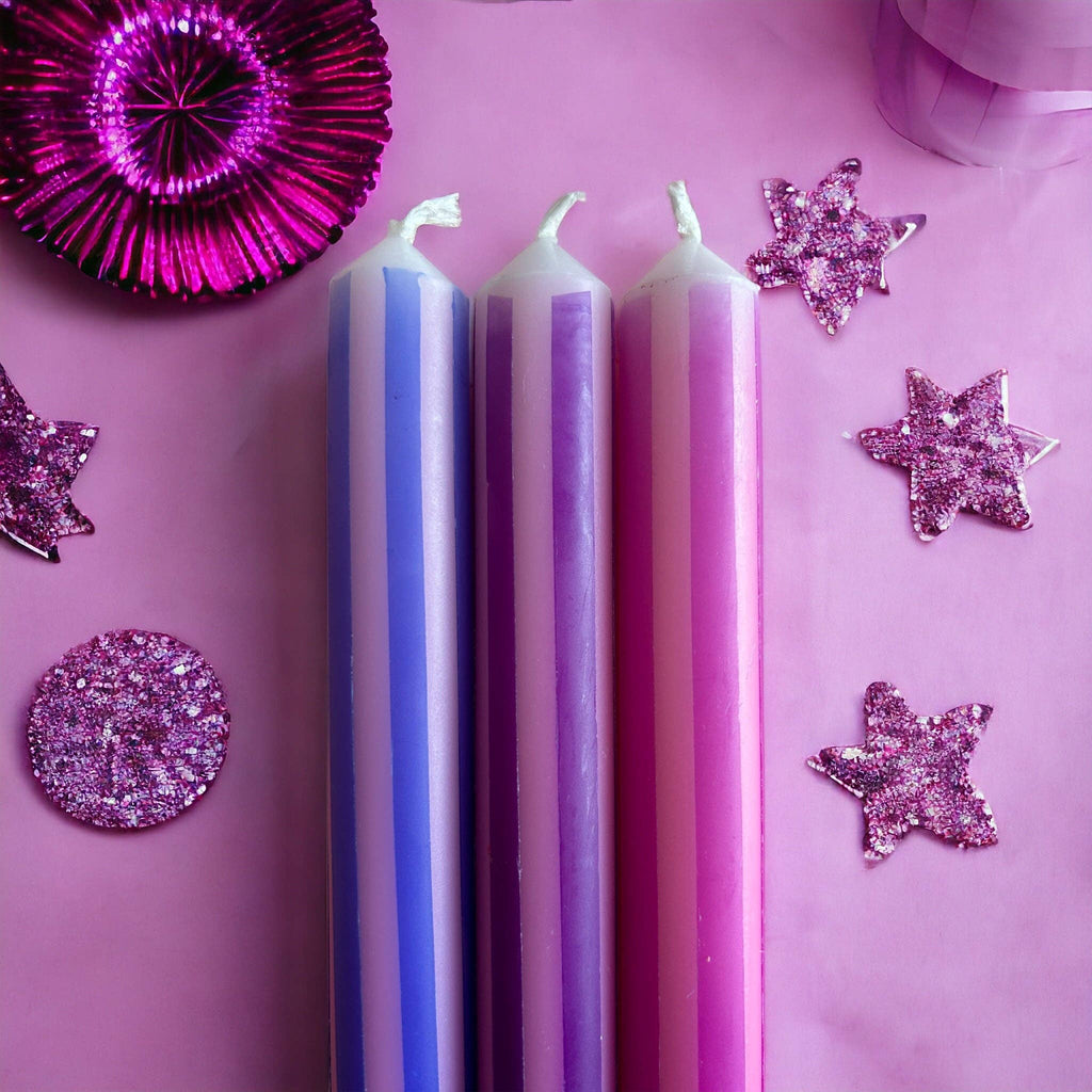 PURPLE PINSTRIPES Dip Dye Dinner Candles Trio - Sprouts of Bristol