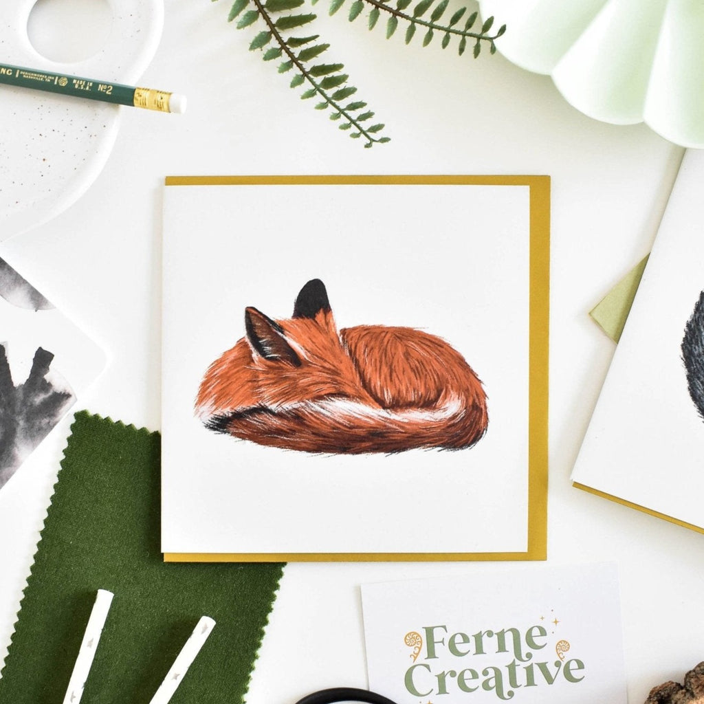 Sleeping Fox Card, Square blank greetings card - Sprouts of Bristol