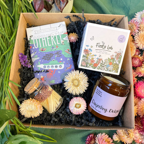 The Flora Lab Candle Gift Set - Handmade Poured Candle, Chocolate Bar + Safety Matches in Jar - Sprouts of Bristol